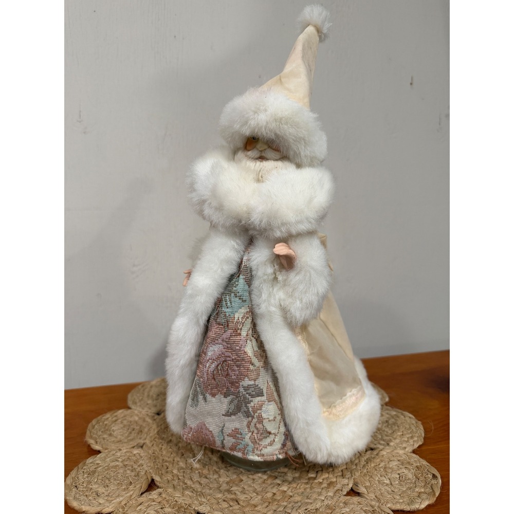 Vintage Santa Claus Figurine Cream White Faux Fur Floral Tapestry 14.5 Inch